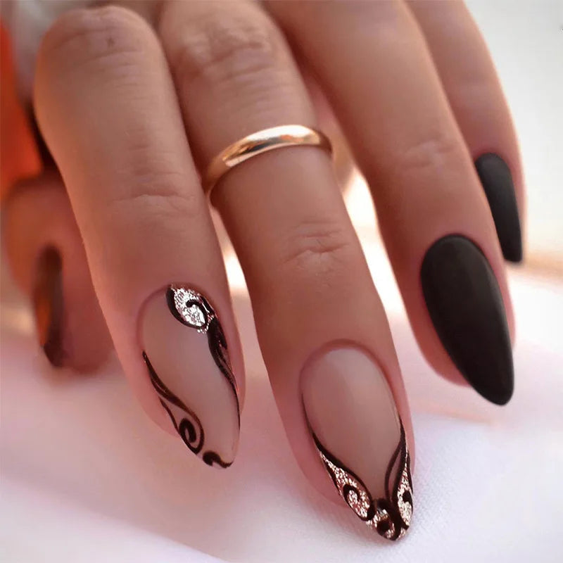 24Pcs Mid-length Almond Press on Fake Nails Irregular Line French Design Full Cover Nail Tip Shiny Powder Detachable False Nails