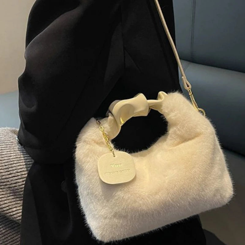 Women Faux Fur Handbags Zipper Small Lady Shoulder Crossbody Bag Casual Tote Half-Moon Hobos Winder