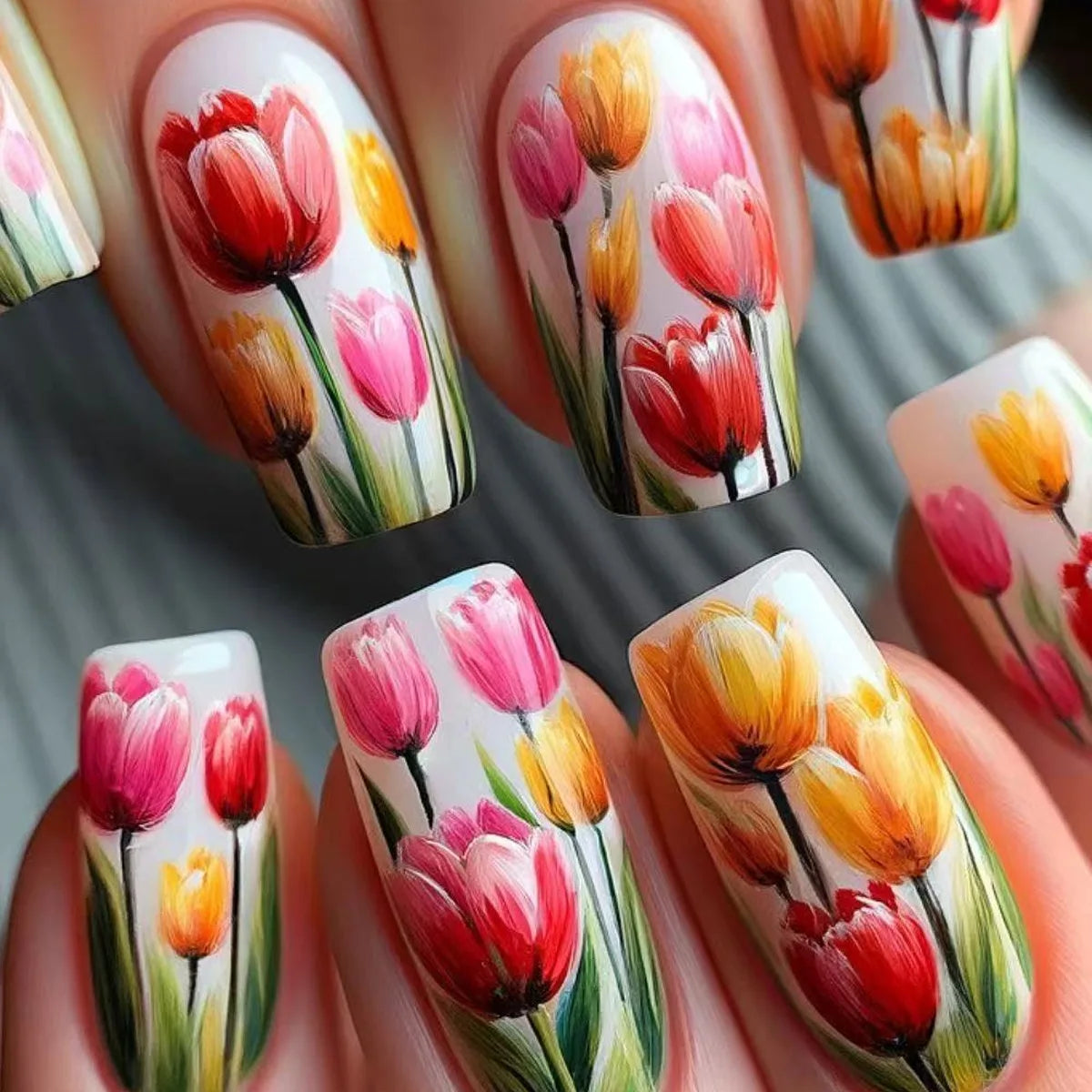 24pcs Short Square Fake Nails Acrylic Vivid False Nails Ladybug Butterfly Flower Press on Nails Garden Plants Nail Art Ballet