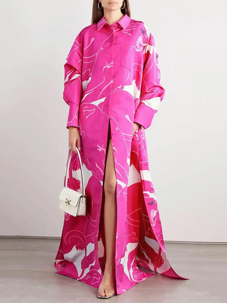 Bohohipei New Female Printed Elegant Lapel Shirt Dresses New Spring Autumn Long Sleeve Single-Breasted Casual Outwears