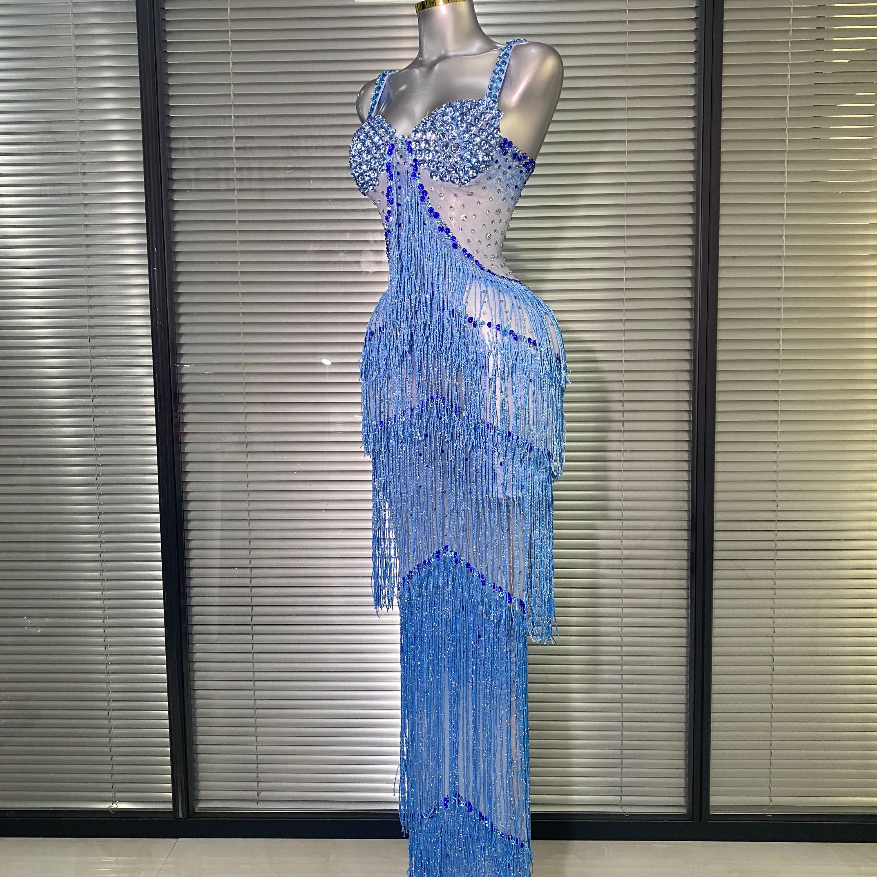 New Women Sexy Mesh Crystal Diamonds Maxi Dress See Through Blue Tassel Party Stage Costume Stage Performance Dress