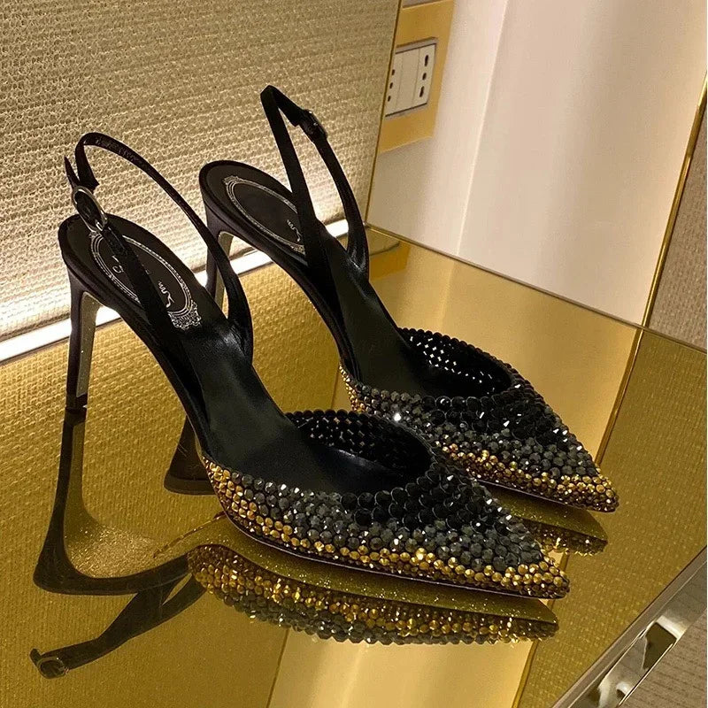 Baotou sandals rhinestones gradient high heels, women's fashion, stunning temperament sandals formal dress, banquet shoes