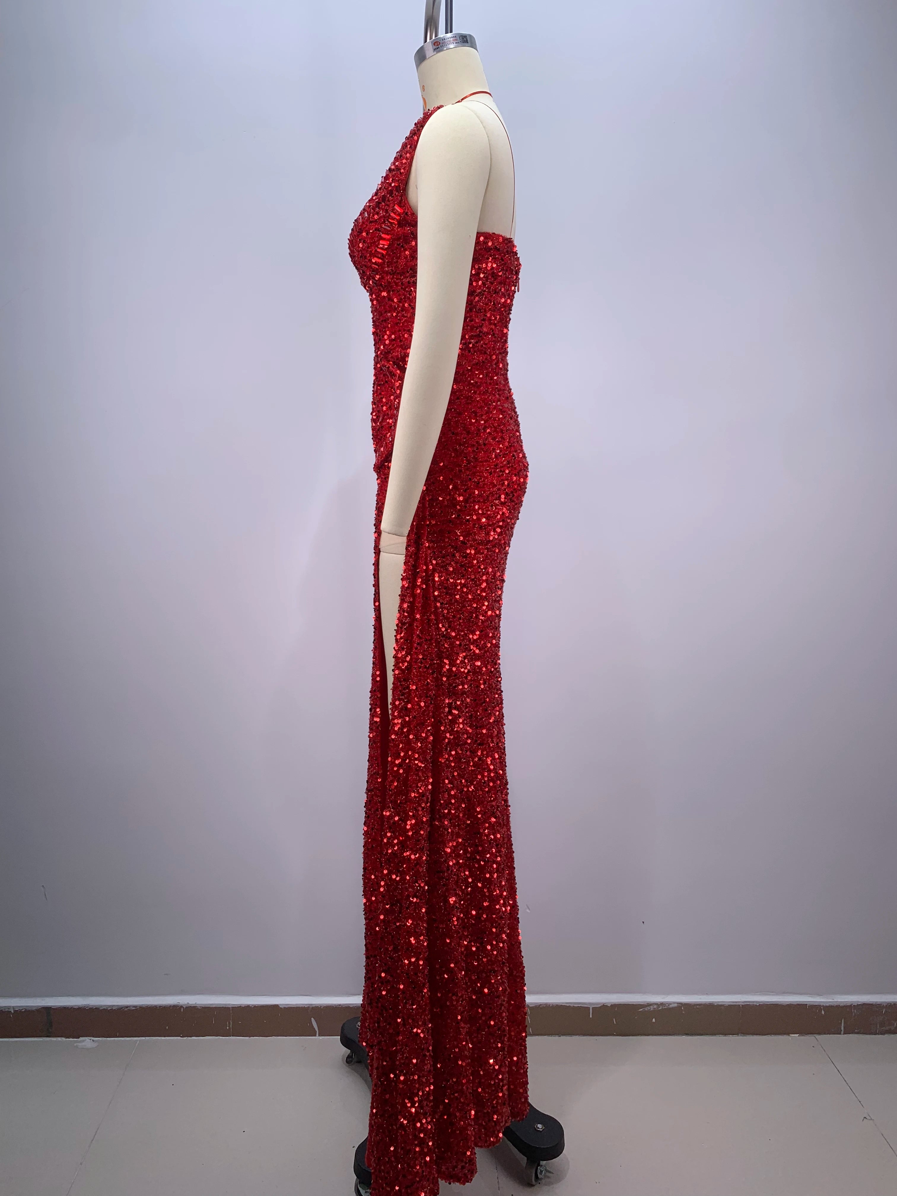 Robe longue rouge sexy sans bretelles à paillettes brillantes pour femme, tenue de soirée, de bal, de mariage, nouvelle collection 2024