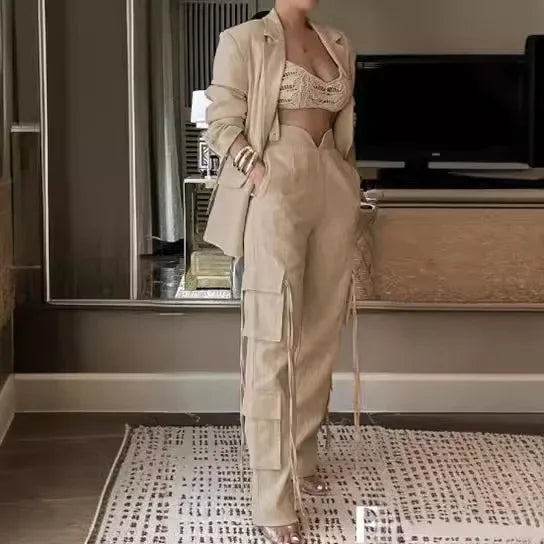 CM.YAYA Fashion Women's Set Long Sleeve Blazer Suit and Wide Leg Cargo Pants 2023 OL Workout Two 2 Piece Sets Outfit Tracksuit