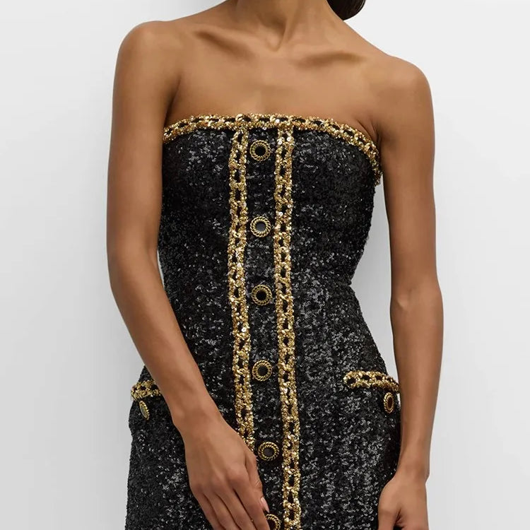 TWOTWINSTYLE Hit Color Sexy Dresses For Women Strapless Sleeveless High Waist Slimming Patchwork Button Dress Female Fashion New