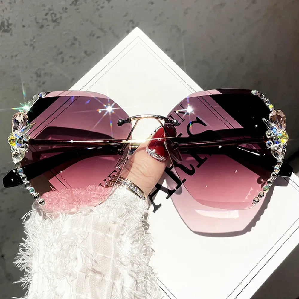Luxury Design Vintage Rimless Rhinestone Sunglasses Women Men Fashion Gradient Lens Sun Glasses Shades for Female