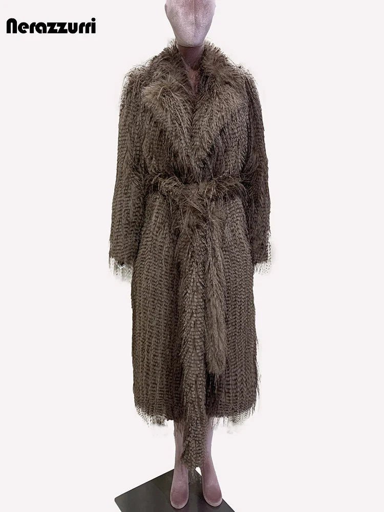 Nerazzurri Winter Clothes Women Long Thick Warm Soft Hairy Shagge Colorful Multicolored Fluffy Faux Fur Coat Women Sashes Colorful