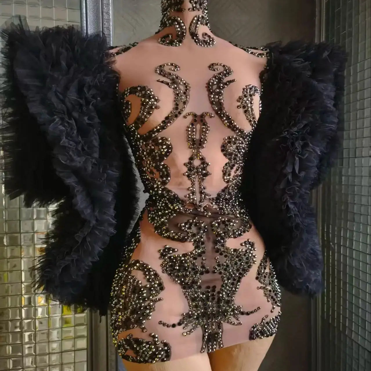 Women Sexy Mesh See Through Black Crystal Stretchy Night Club Celebrity Singer Dancer tage Costume Mini Party Dress