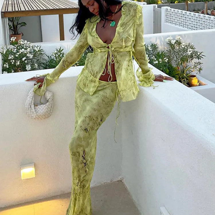 FSDA Print Y2K Mesh Long Sleeve Top Shirts Green And Maxi Skirt Bodycon Sexy Two Piece Sets Beach Outfits Women Club