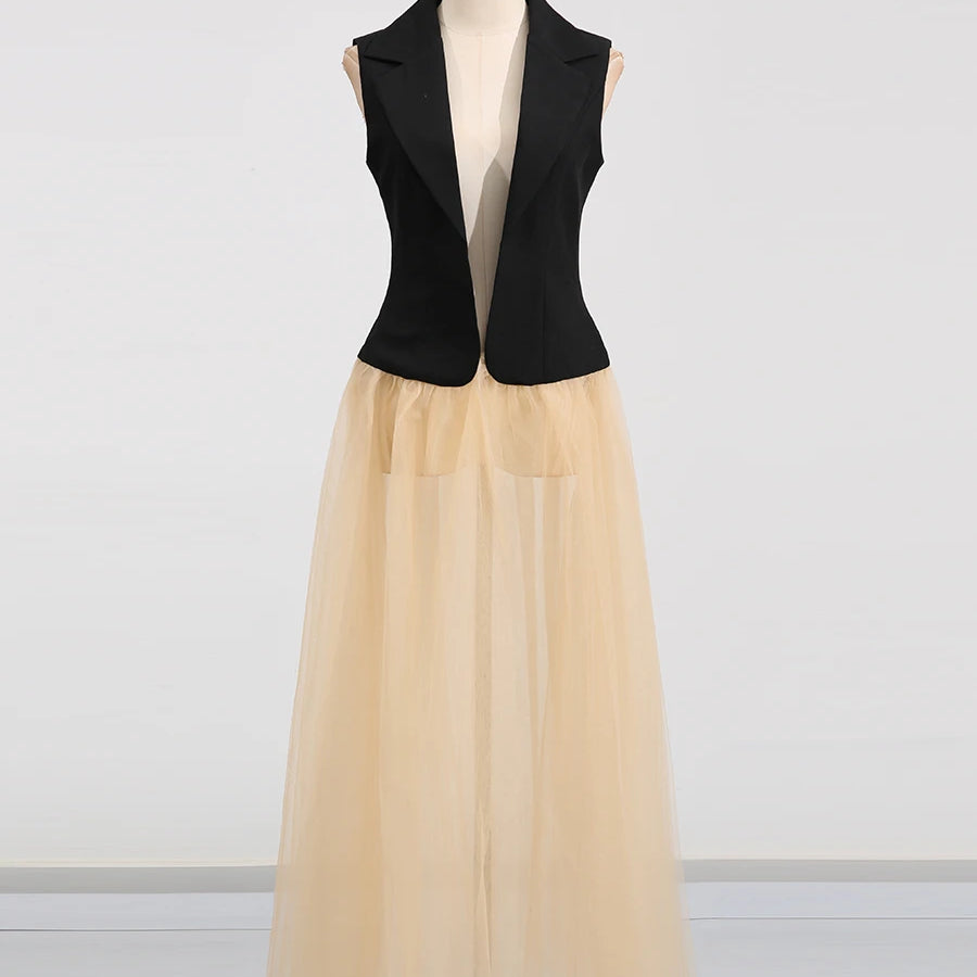 TWOTWINSTYLE Hit Color Sheer Elegant Jacket for Women Lapel Sleeveless Patchwork Folds Fashion Long Jacket Female Clothing New