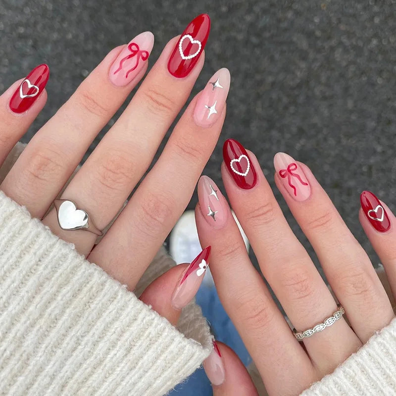 Red Almond Fake Nails 24Pcs Valentine's Day Press On Nails Love Heart/Bowknot/Star Printed Wearable False Nails for Women