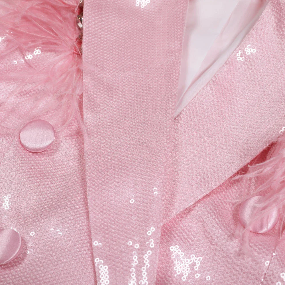Solid Loose Spliced Feather Blazer for Women Lapel Long Sleeves Patchwork Sequins Fashion Coat Female Clothing New