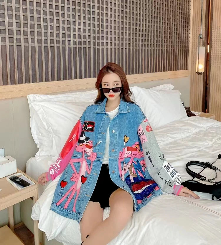 Spring Autumn Women Fashion Sequins Cartoon Leopard Denim Jackets Loose Lady Streetwear Coats Chic Outwear