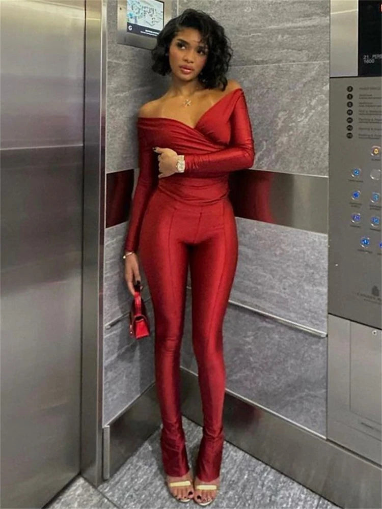 Ladies Off Shoulder Night Clubwear Y2K 2 Piece Long Sleeve V-Neck Folds Tees+Pencil Pants Fashion Club Streetwear Women Outfits Red
