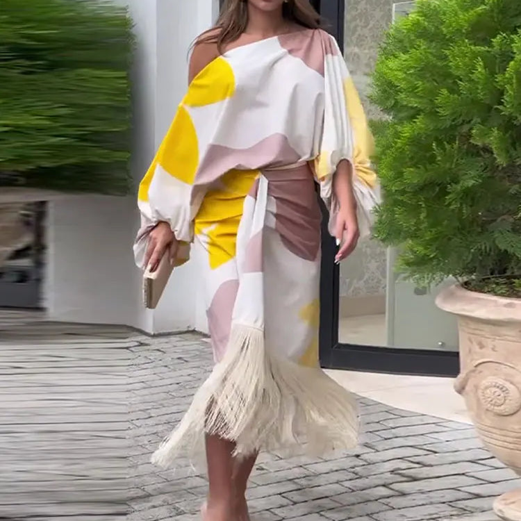 Women Tassel Skirt Suit Loose Off Shoulder 2 Pieces Sets Party Club Spring Summer Lady Street Casual Outfit NEW