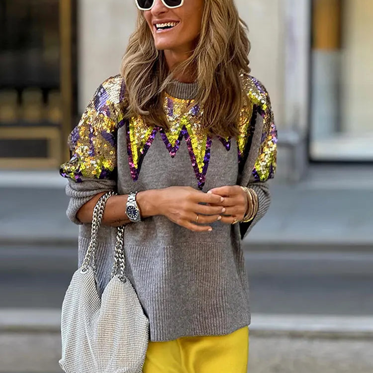 Women O-neck Long Sleeve Knitted Sweater Fashion Sequins Decor Loose Casual Pullovers Female Fall Winter Street Club Jumper grey