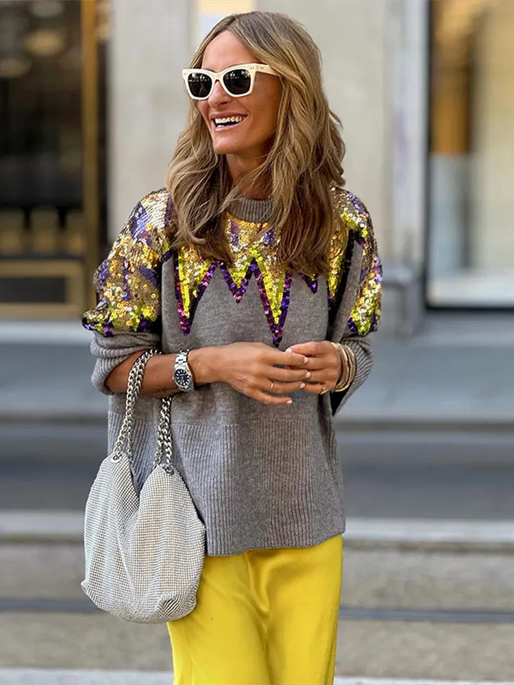 Women O-neck Long Sleeve Knitted Sweater Fashion Sequins Decor Loose Casual Pullovers Female Fall Winter Street Club Jumper grey