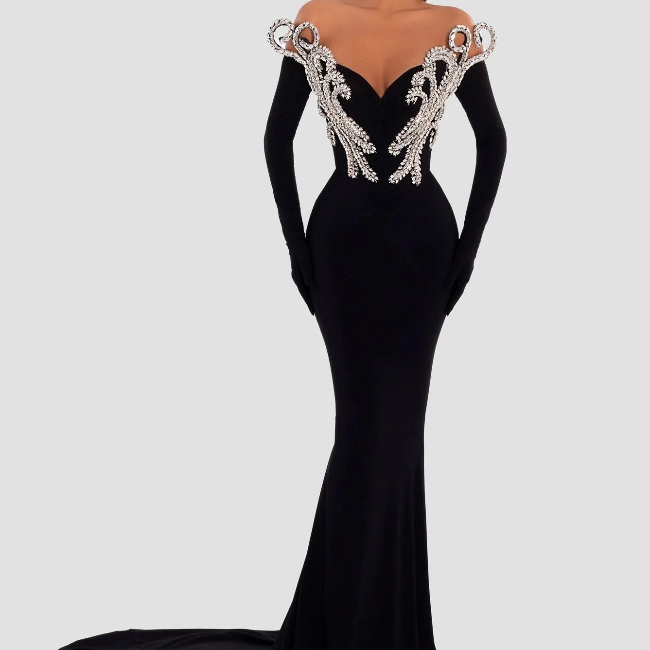 Women Long Sleeve With Gloves Off the Shoulder Floor-Length Dress Elegant Evening Party Prom Dress Vestido