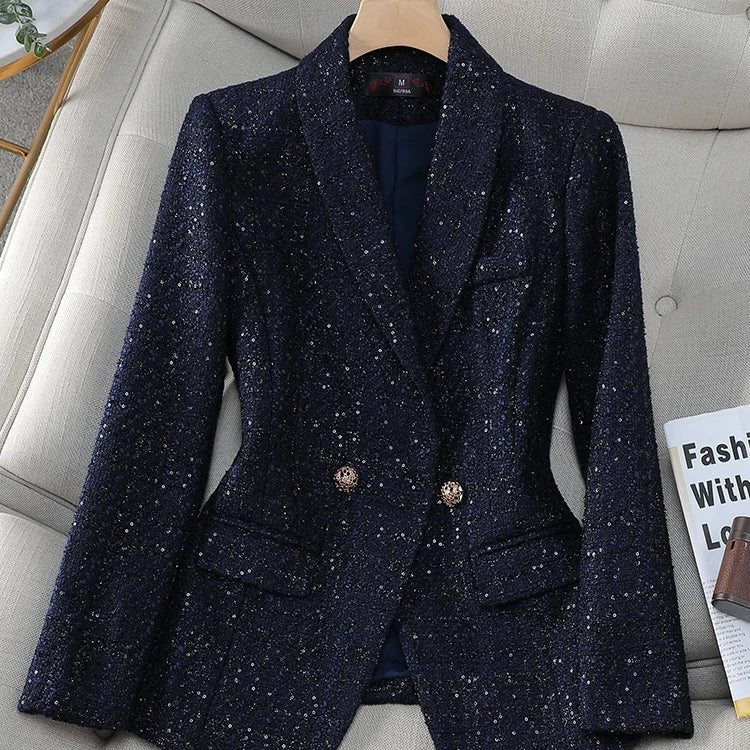 Women's Blazer Ladies Casual Autumn Winter Jacket Female Long Sleeve Single Breasted Button Decoration Red Navy Plaid Coat Navy Blazer