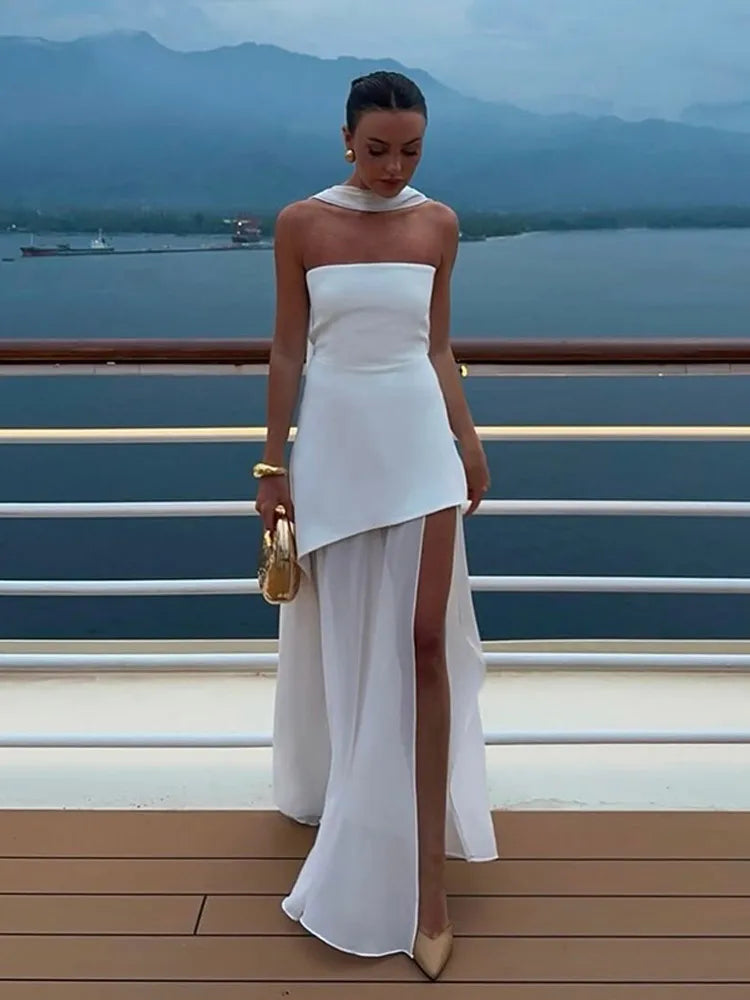 Sexy Off Shoulder With Scarf Maxi Dress For Women Fashion High Waist Sleeveless Backless Long Dresses New Lady Evening Club Robe