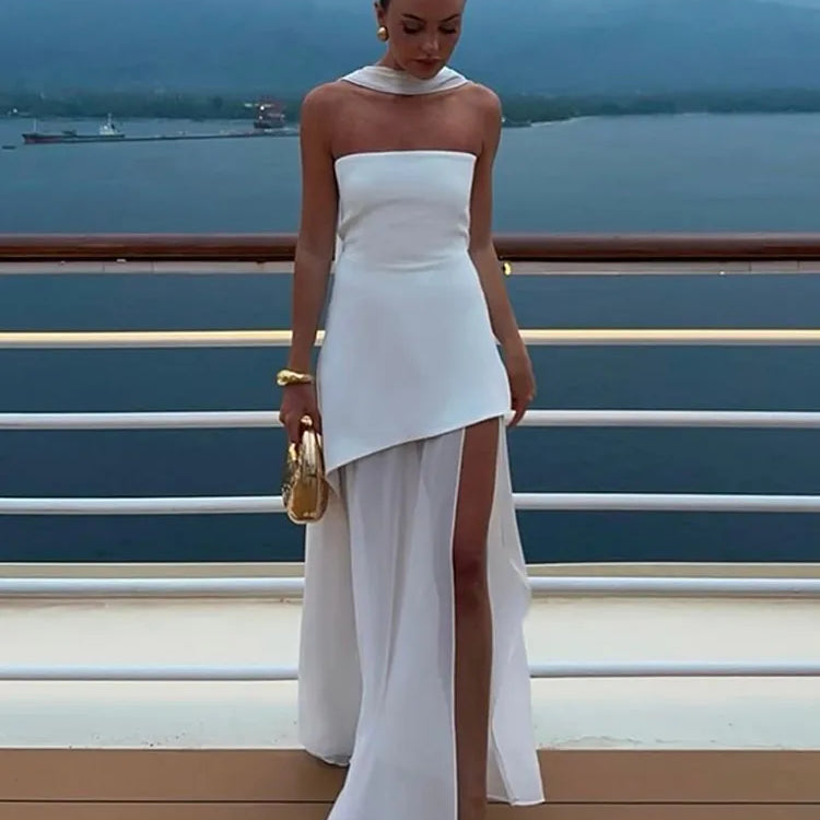 Elegant White Gauze Off Shoulder Long Dress Women Fashion Sleeveless Backless A-line Vestidos 2025 New Lady Vocation Beach Robes