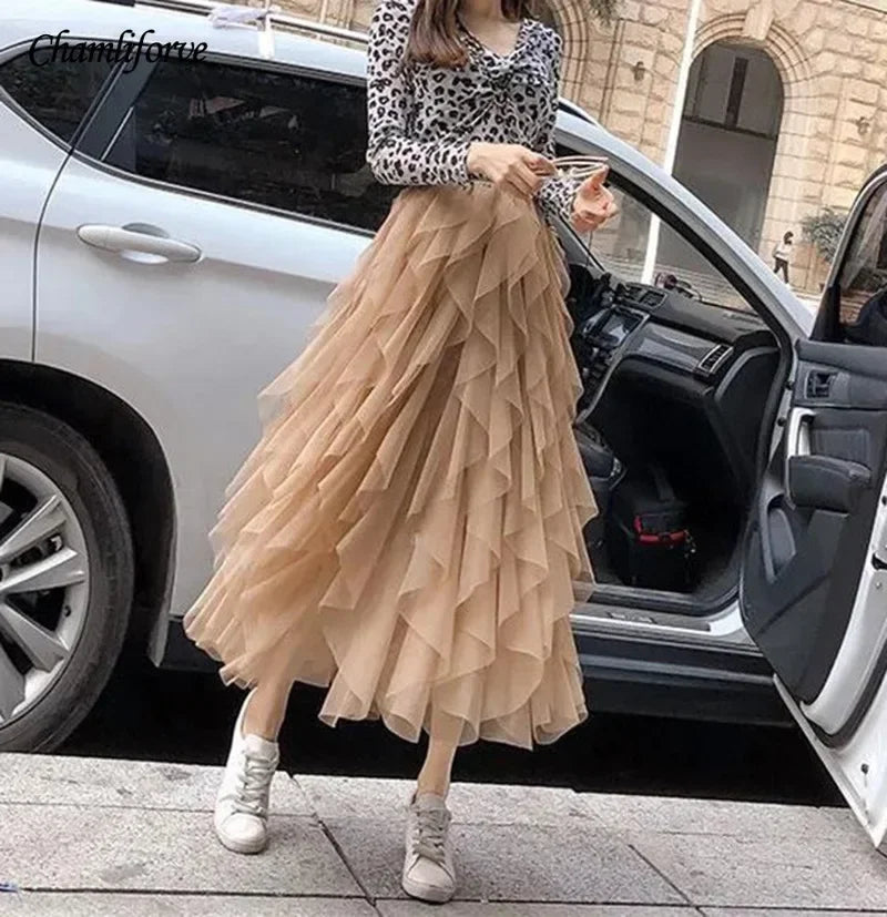 Women Tulle Mesh Skirt Elegant Elastic Waist Fairy Long A-line Tutu Skirt for Spring Summer long skirt