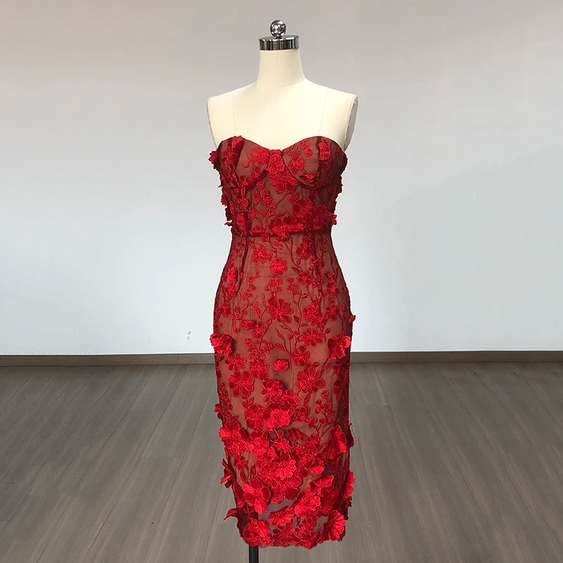 Red Color Women Strapless Embroidery Flowers Bodycon Midi Bandage Dress Fashion Celebrate Birthday Evening Party Dress