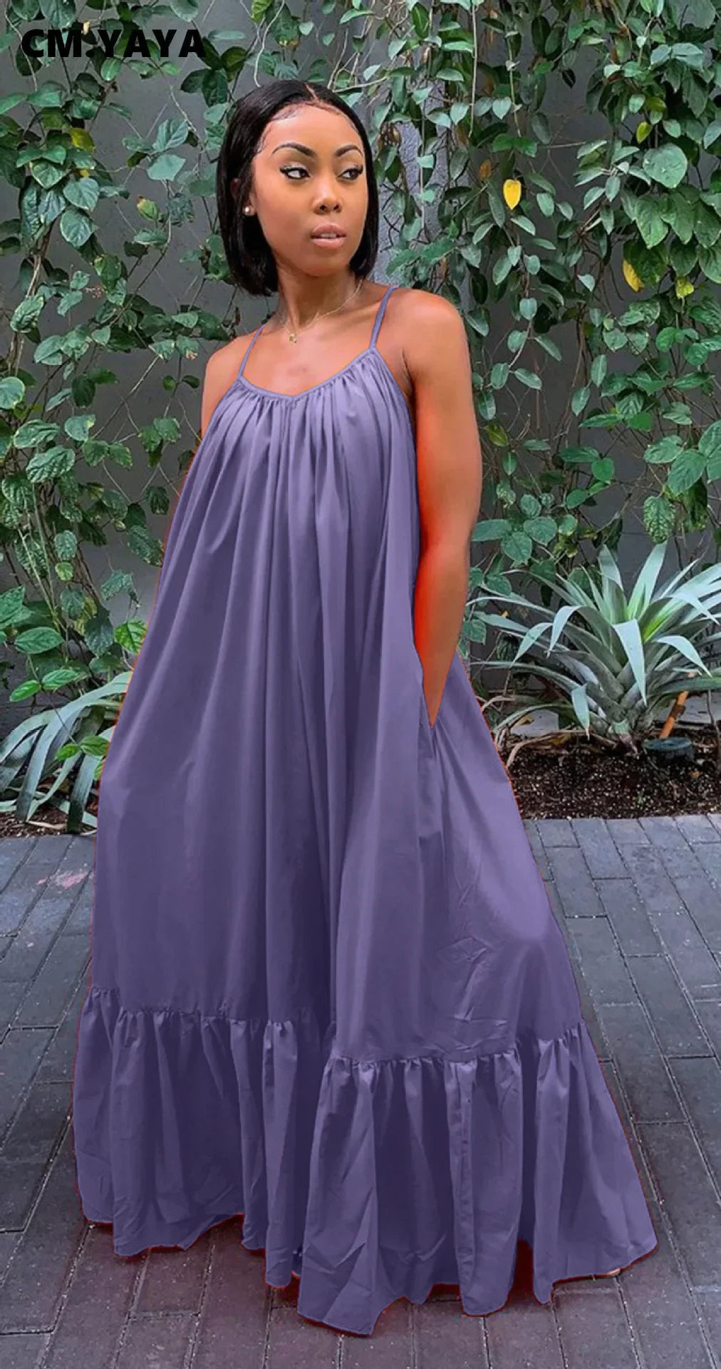 CMYAYA Women Summer Long Maxi Dress Sexy Sleeveless Strap Loose Beach Party Night Club Bandage Female S-5XL Dresses Vestido