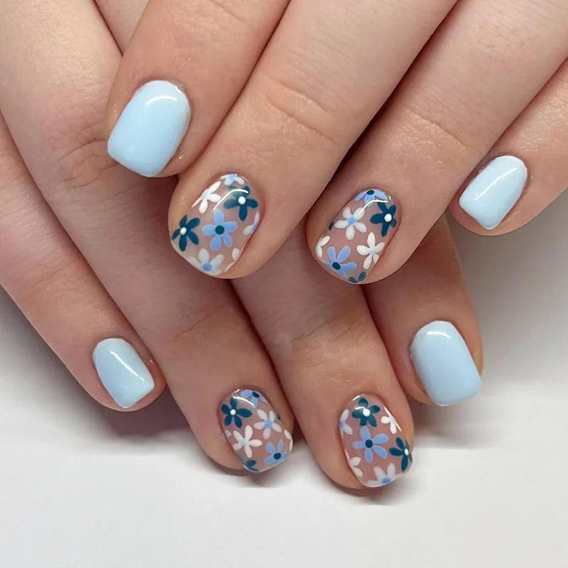 24Pcs Short Square Head French False Nails Press on With Simple Flower Design Fake Nail for Woman Reusable Full Cover Nails Tips