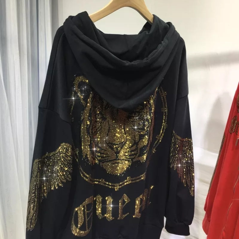 Plus Size Women Clothing Rhinestones Zip Up Hoodies & Sweatshirt Women Men Winter Autumn Luxury Brand Hoodie Woman Blouse