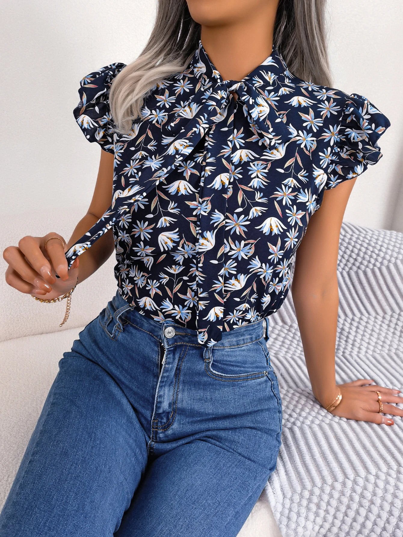 Women Casual Floral Print Bow Ruffles Chiffon Blouse Summer Top Navy Blue