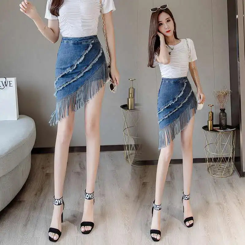 Denim Mini Skirt Women with Shorts Oblique Hem Tassel Summer 2024 Korean Fashion Streetwear Jean Skort Stylish Night Club Outfit