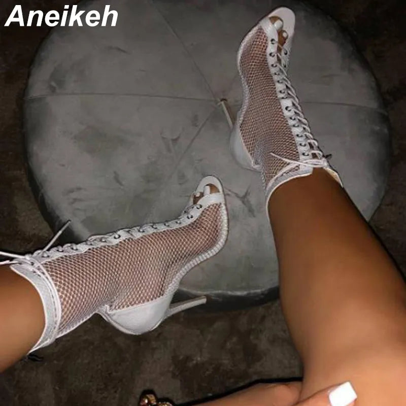 Fashion Women Ankle Boots Hollow Out Mesh High Heels Shoes Woman Lace-Up Open toe Sexy Sandals Boots Mujer Black White
