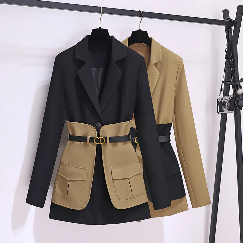 Autumn Winter Blazer For Women Patchwork Color Korean Fashion Design Casual Coat And Jacket Women With Belt Outwears