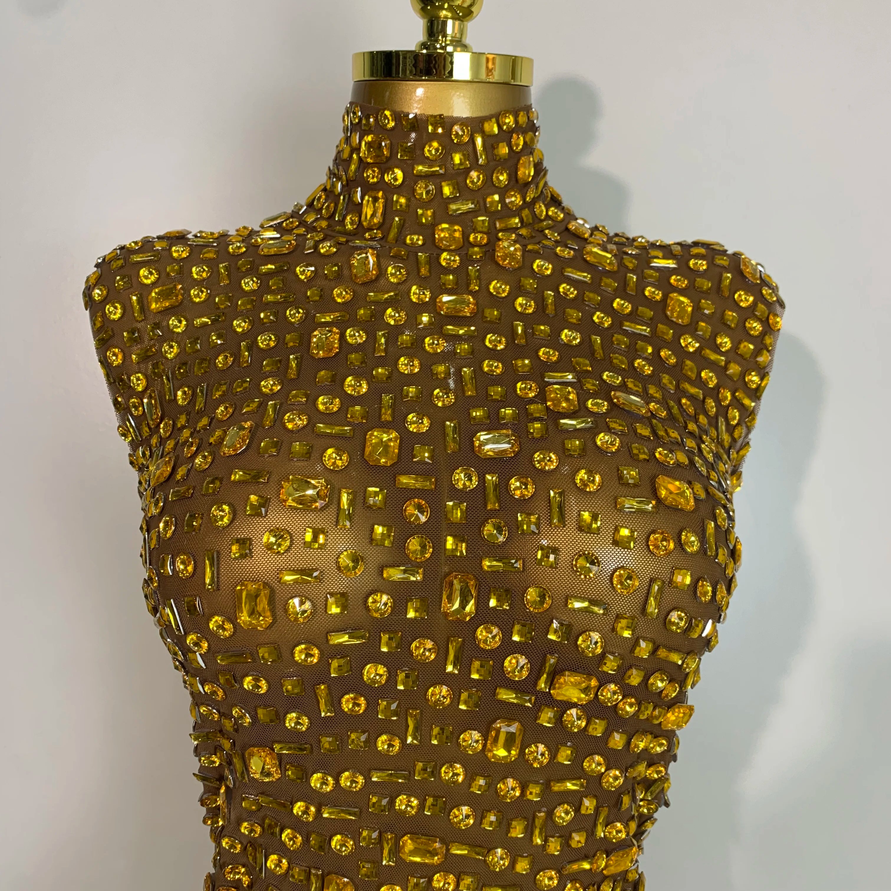 Women Luxury Gold Rhinestone Sexy Mesh Short Dress Sparkly Stage Costume Elegant Party Birthday  Dresses Nightclub Singer Outf