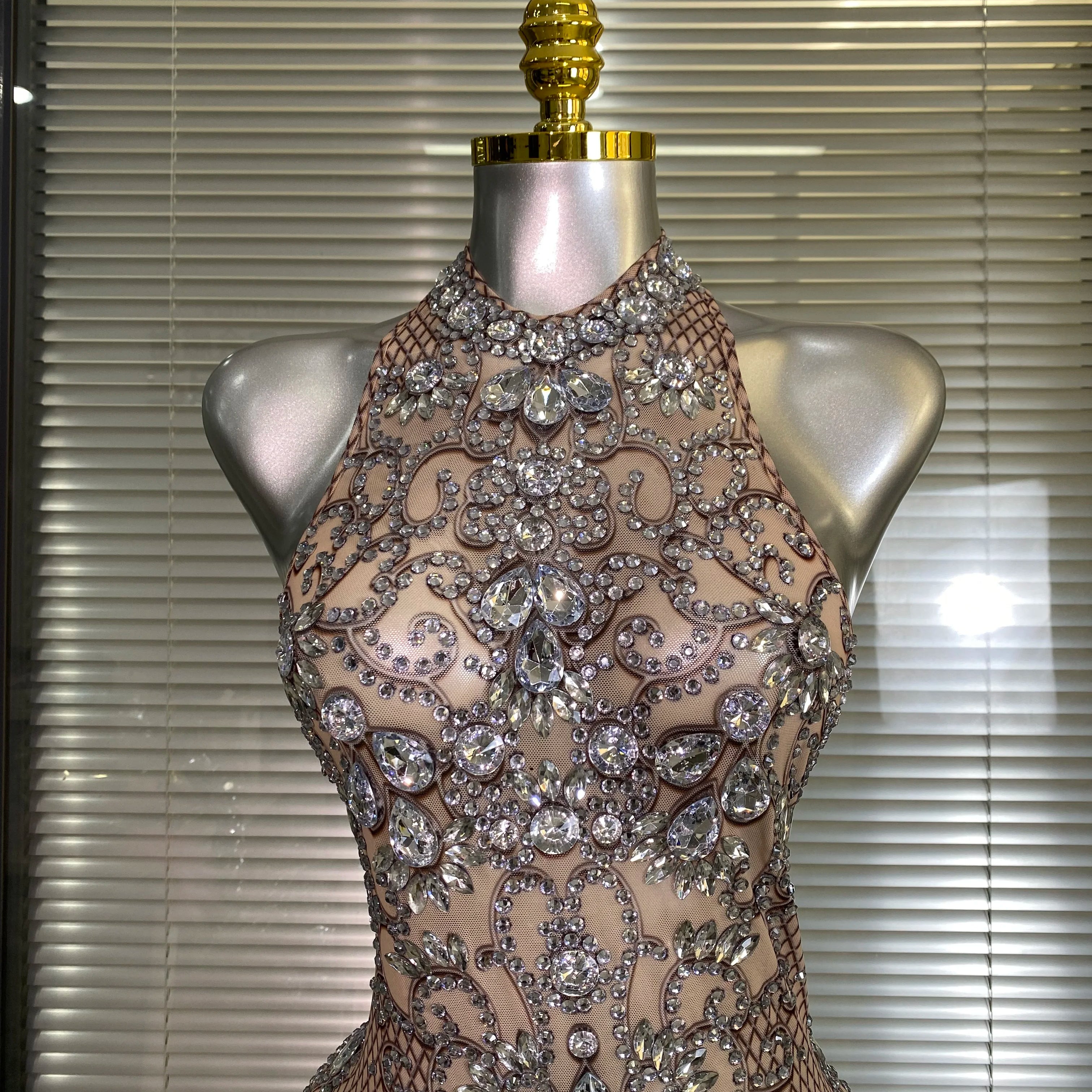 Women Sexy Mesh Crystal Diamonds Print Performance Costume Stage Dancer See Through Stretchy Night Club Party Dress