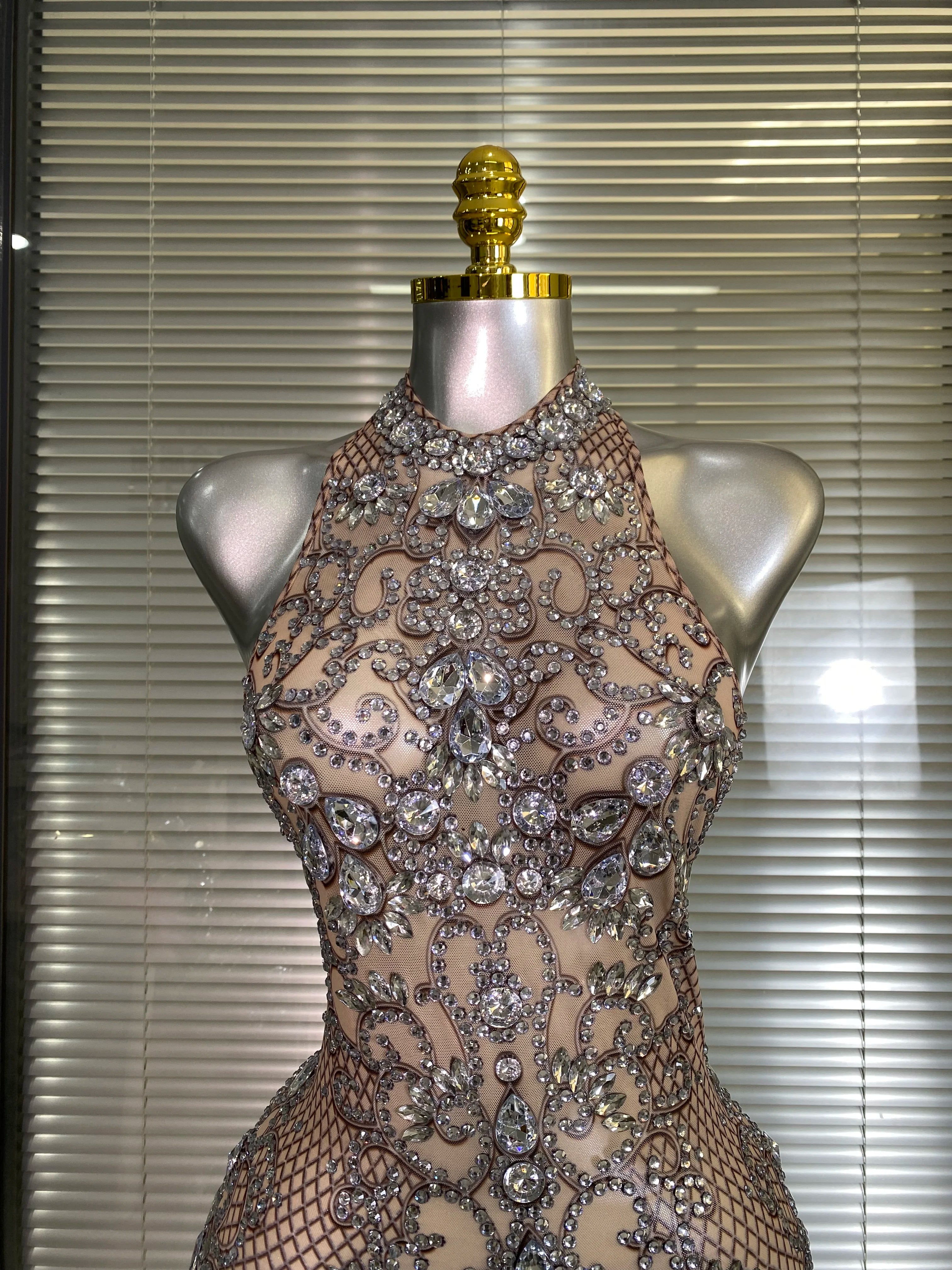 Women Sexy Mesh Crystal Diamonds Print Performance Costume Stage Dancer See Through Stretchy Night Club Party Dress