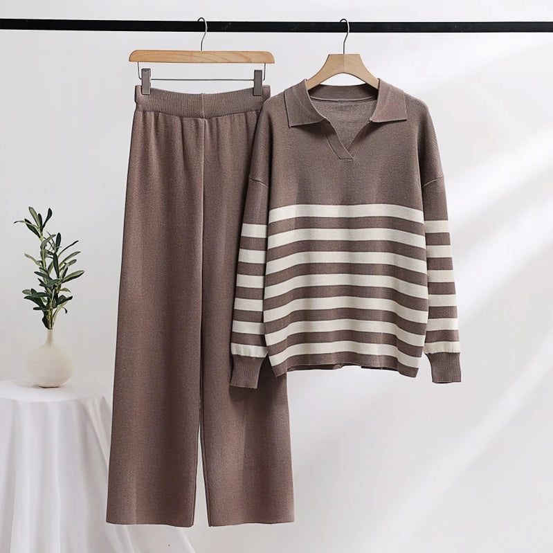 Winter Knit Tracksuit Two Piece Set Striped Sweater Matching Sets Women Knit Suit Knitted Two Piece Pants Sets For Women 2023 Light Brown One Size