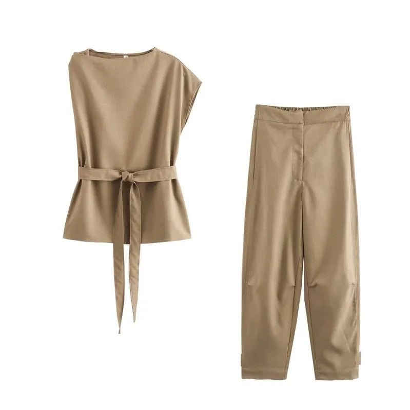 TRAF ZR Set of Two Pieces for Modern Women Khaki Sets for Women 2 Pieces Elegant Minimalist Korean Style Set Cozy Sets
