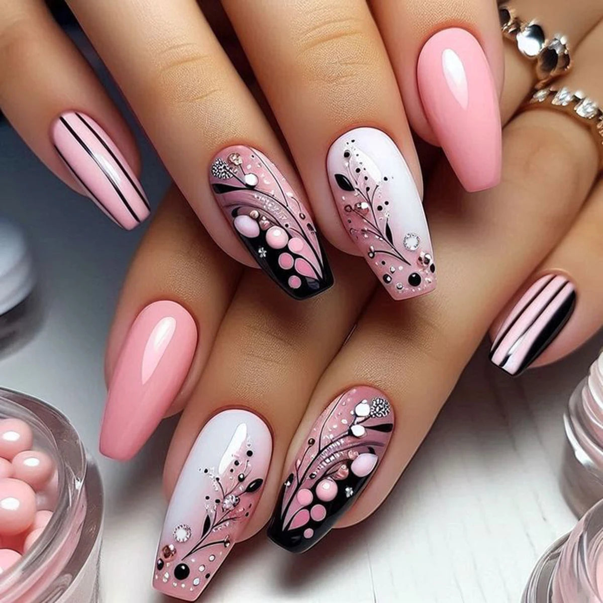 Upgrade your nail styling 24pcs medium length almond shape pink fresh floret wear nail manicure press nail piece & 1 rub strip &