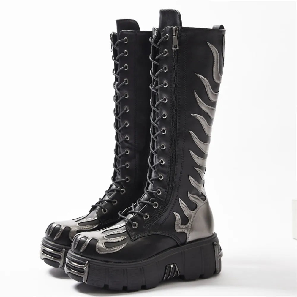 Fashion Women Punk Lace-Up Round Toe Boots For Woman's Thick Bottom Knee High Botas Mujer 2025 Motorcycle Party Platform Shoes