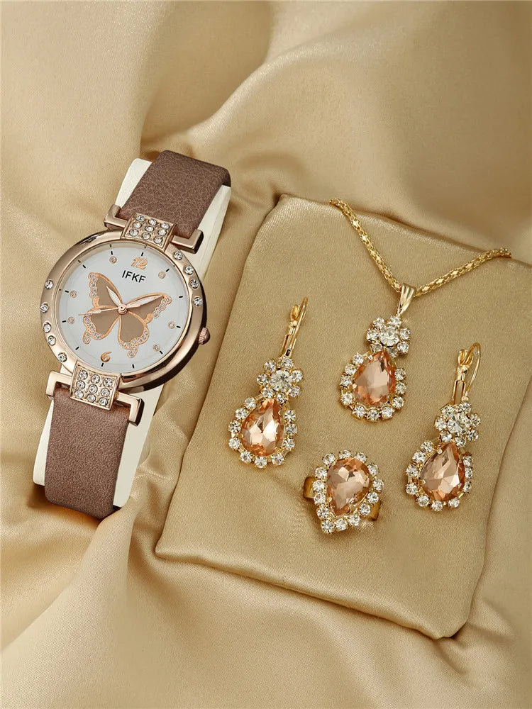 New Korean Fashion Simple Belt Quartz Watch Women's Edition+Jewelry Three Piece Set