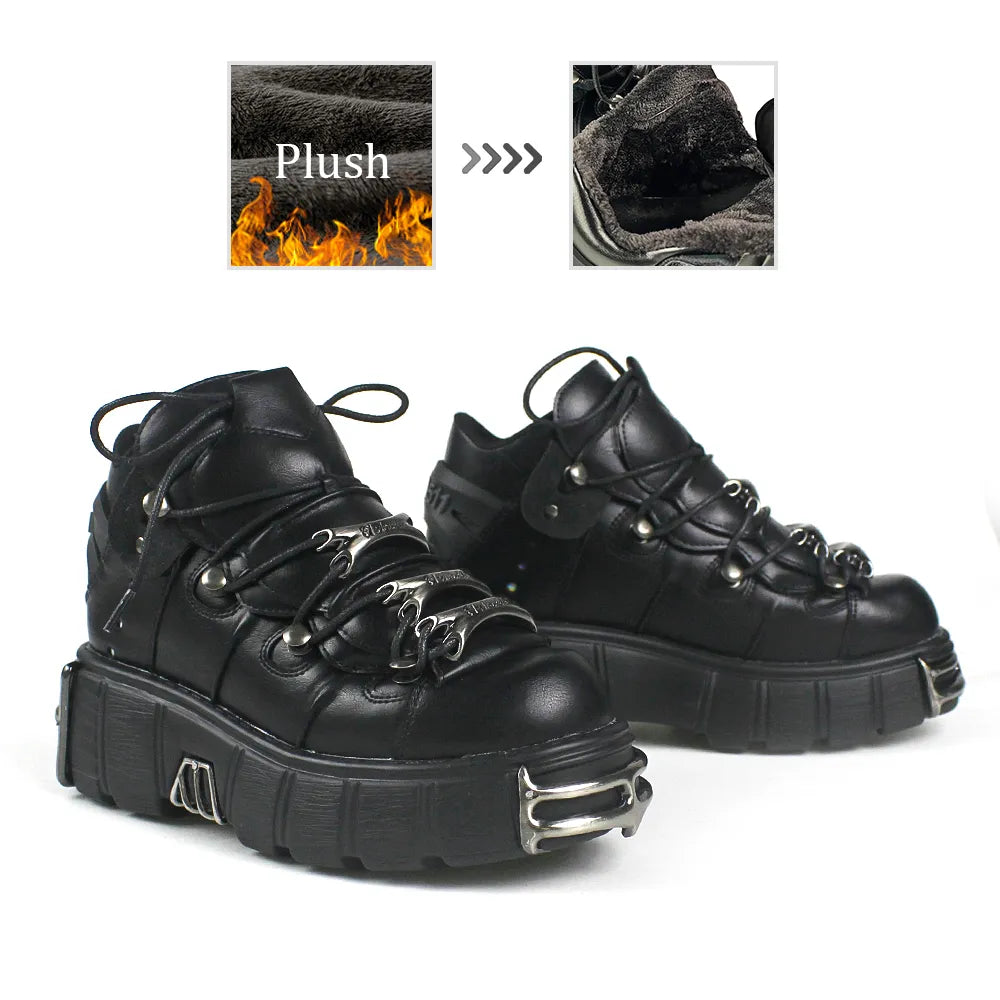 Punk Style Women Shoes Lace-up heel height 6CM Platform Shoes Woman Gothic Ankle Rock Boots Metal Decor Woman Sneakers Black with Plush