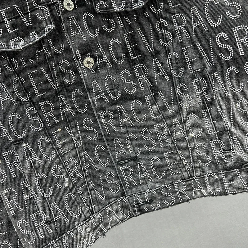 Denim Jacket Women Spring Autumn New Loose Heavy-Duty Letter Rhinestone Long-Sleeve Black Jean Jacket Female Jaquetas