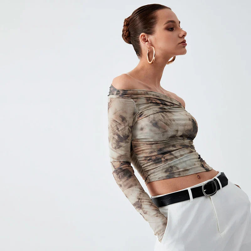 CUTENOVA Spring New Printed Slash Collar Long Sleeve Backless Shrinkage Top T-Shirt Mesh See Through Elegant Top Casual