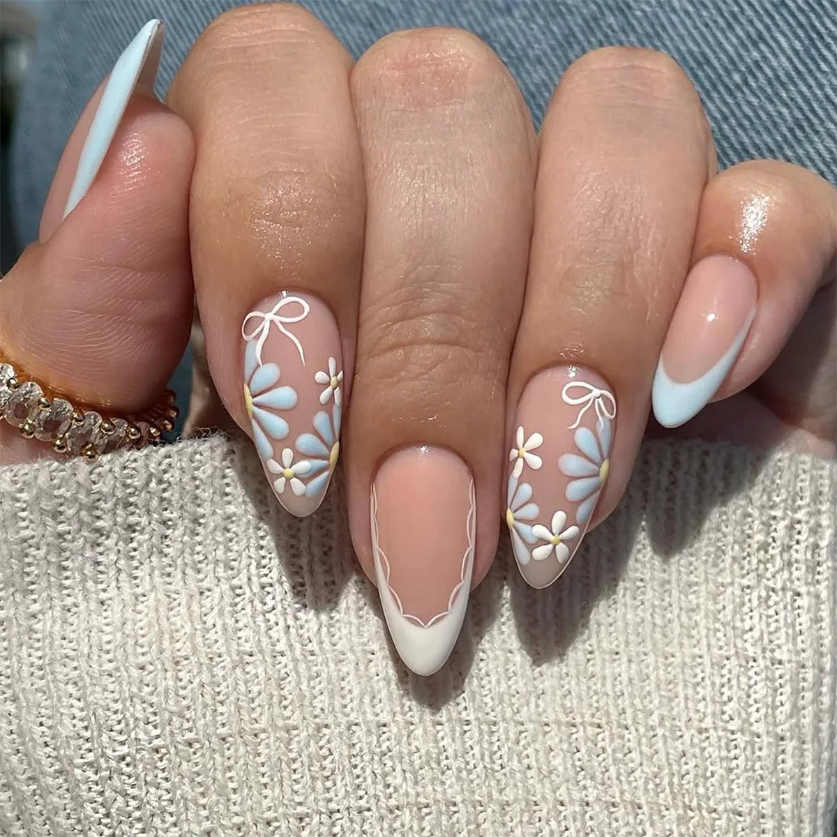 24Pcs Almond Press on Fake Nails Mid-length Round Head Nails Set with Yellow Flowers Designs Wearable French False Nail Tips