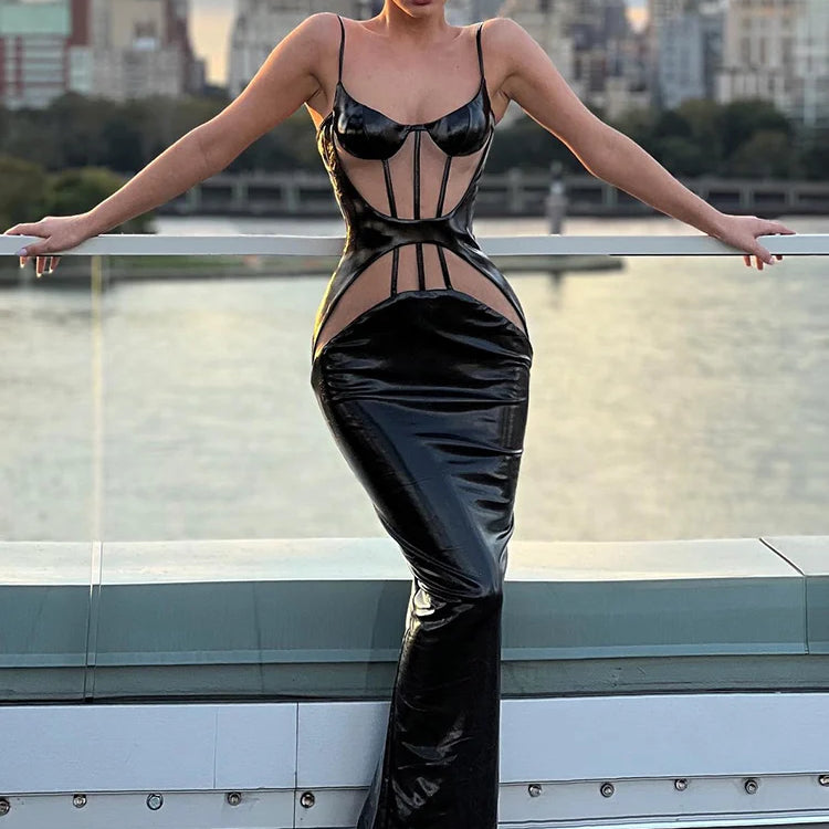 Weird Puss Patchwork Leather Sexy Dress Women Luxury Hipster Birthday Party Clubwear Sleeveless Black Split Bodycon Vestidos black
