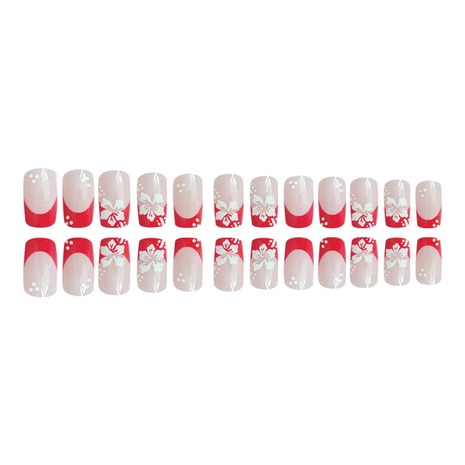 Red French Fake Nails 24Pcs Nude Color Square Head Press On Nails White Flower Printed Gentle Women Charm Manicure Nails Art
