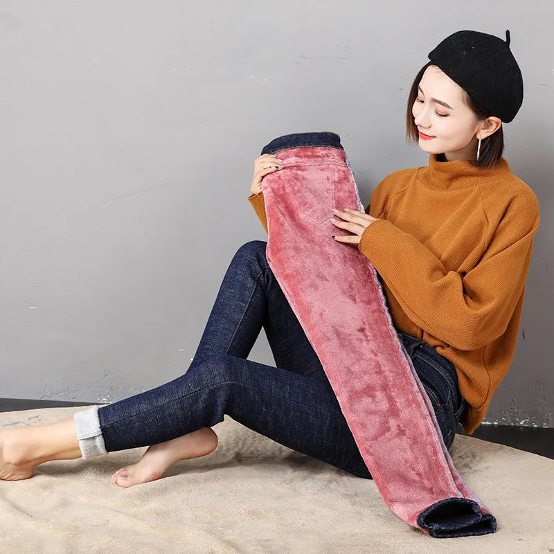 Fashion Stretch High Waist Pencil Pants Female Casual Velvet Jeans Womens Jeans Thick Women Pants
