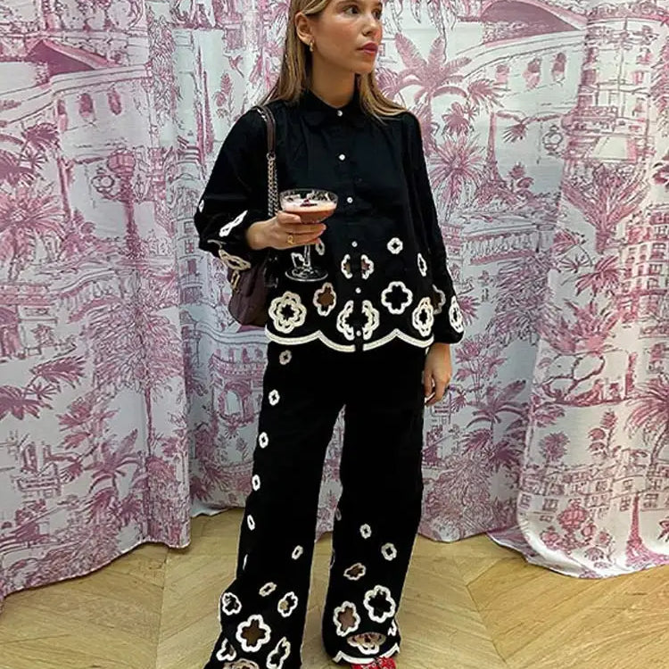Chic Hook Flower Hollow Out Women's Lace Pants Set Retro Lapel Long Lantern Sleeve Shirt Suit New Lady Party Elegant Outfit